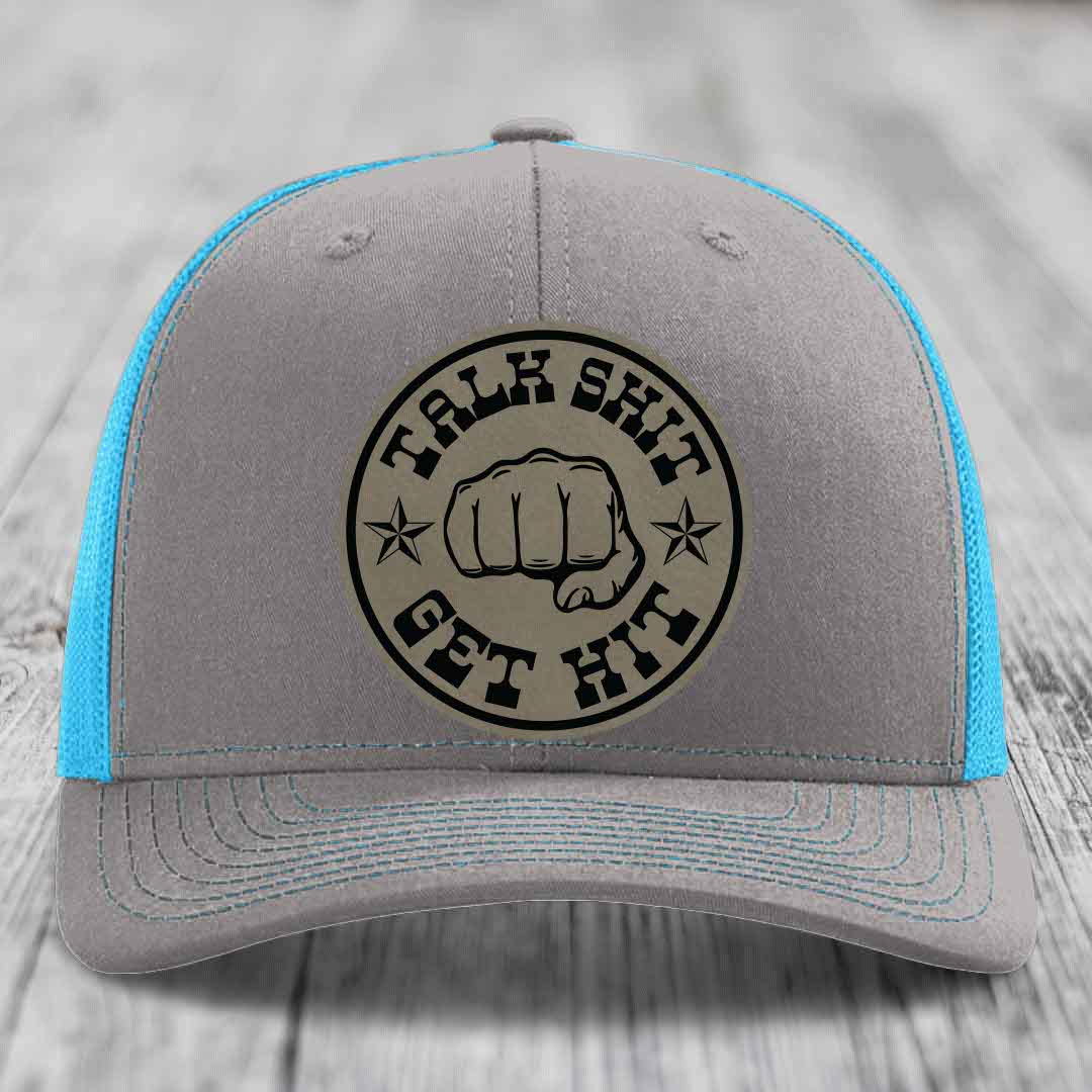 Talk Shit, Get Hit - Leather Patch Hat - Light Brown to Black Patch - Richardson 112 Snapback Trucker Hat