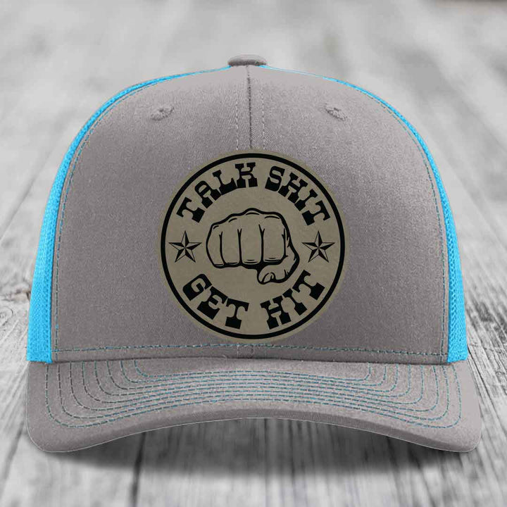 Talk Shit, Get Hit - Leather Patch Hat - Light Brown to Black Patch - Richardson 112 Snapback Trucker Hat