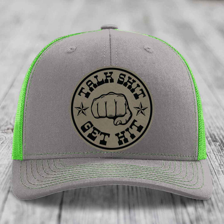 Talk Shit, Get Hit - Leather Patch Hat - Light Brown to Black Patch - Richardson 112 Snapback Trucker Hat