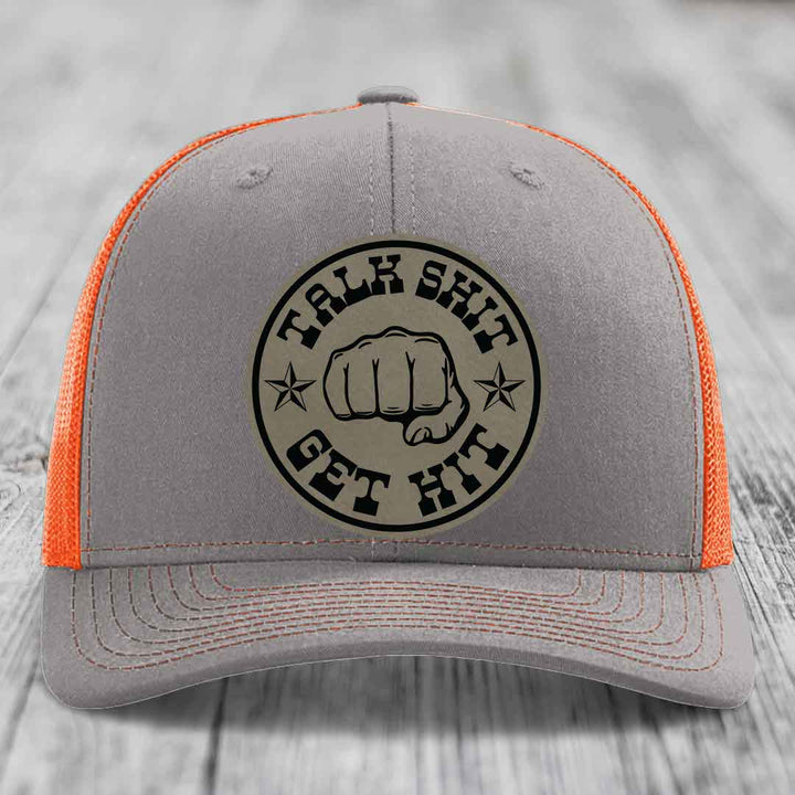 Talk Shit, Get Hit - Leather Patch Hat - Light Brown to Black Patch - Richardson 112 Snapback Trucker Hat