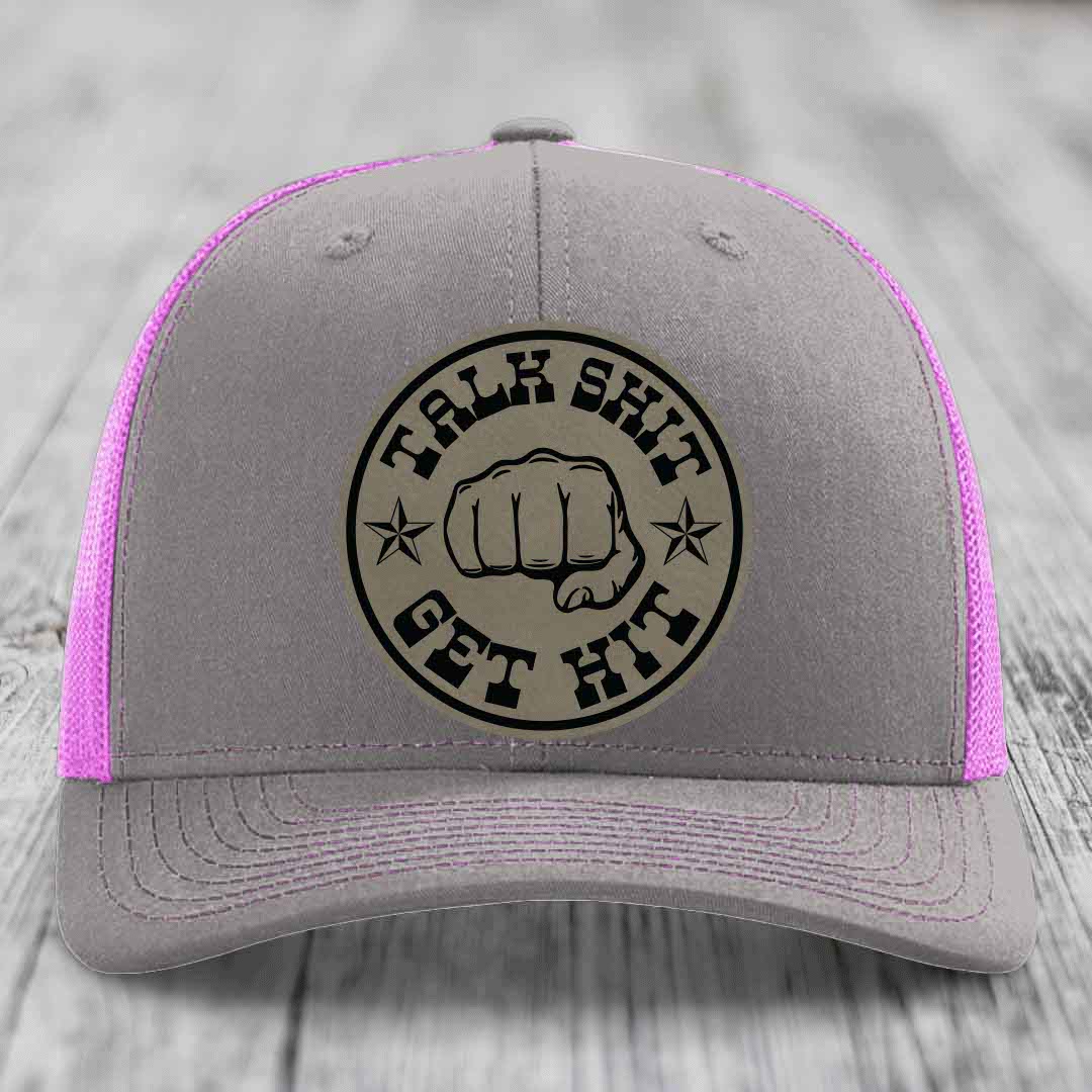Talk Shit, Get Hit - Leather Patch Hat - Light Brown to Black Patch - Richardson 112 Snapback Trucker Hat