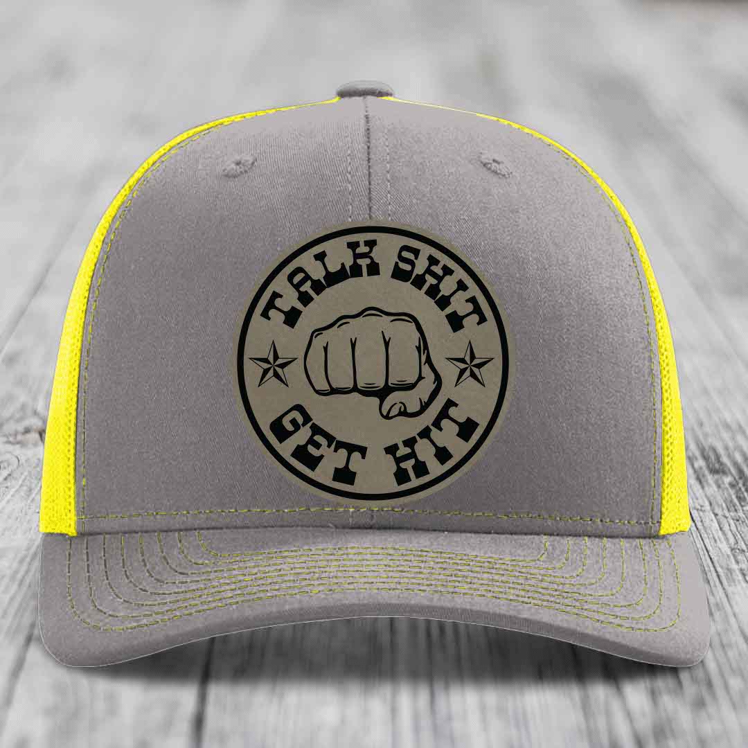 Talk Shit, Get Hit - Leather Patch Hat - Light Brown to Black Patch - Richardson 112 Snapback Trucker Hat