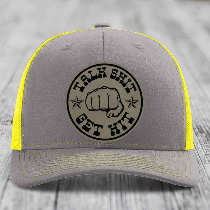 Talk Shit, Get Hit - Leather Patch Hat - Light Brown to Black Patch - Richardson 112 Snapback Trucker Hat