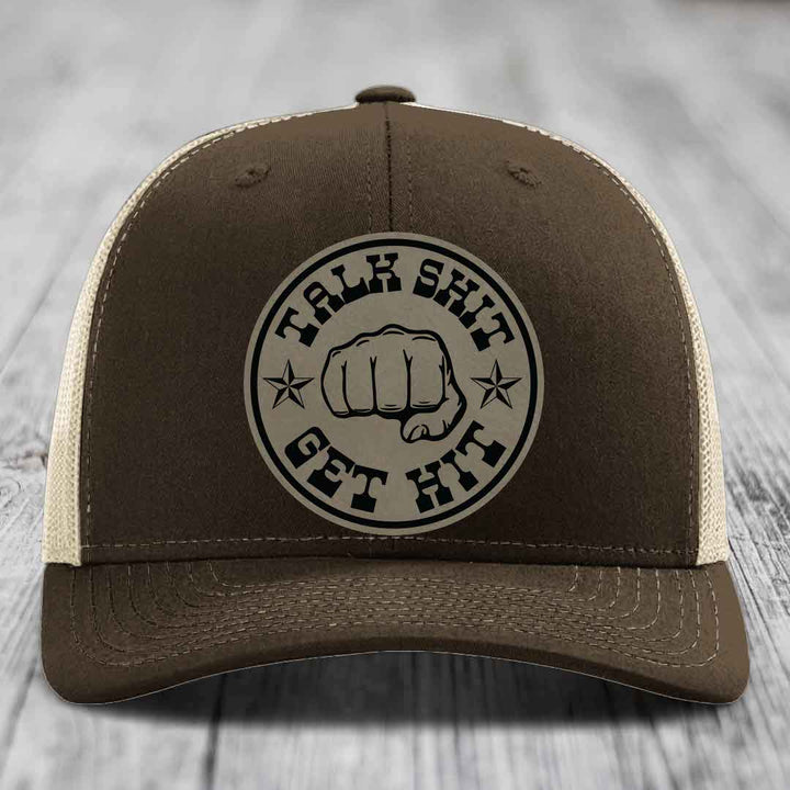Talk Shit, Get Hit - Leather Patch Hat - Light Brown to Black Patch - Richardson 112 Snapback Trucker Hat