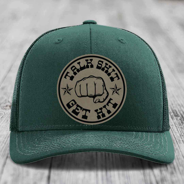 Talk Shit, Get Hit - Leather Patch Hat - Light Brown to Black Patch - Richardson 112 Snapback Trucker Hat