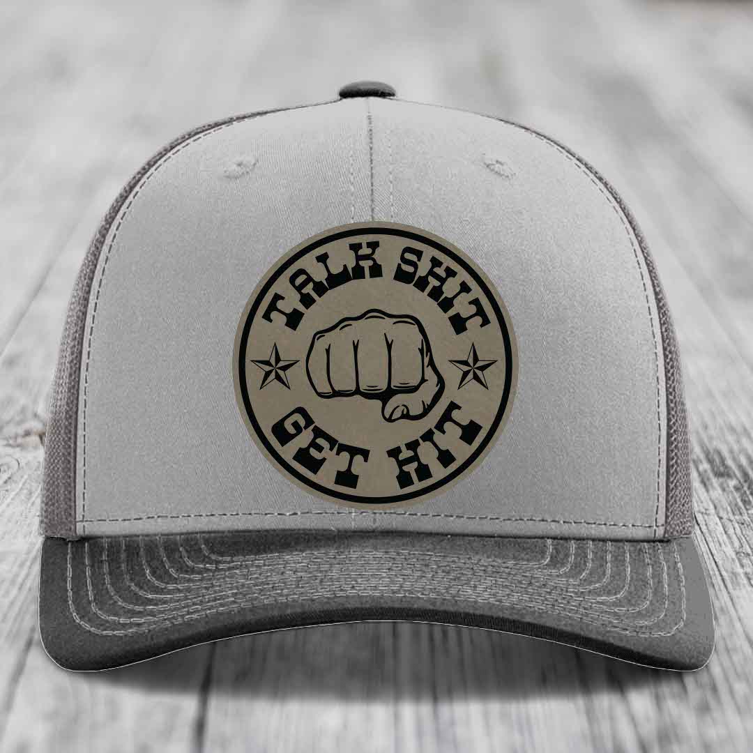 Talk Shit, Get Hit - Leather Patch Hat - Light Brown to Black Patch - Richardson 112 Snapback Trucker Hat