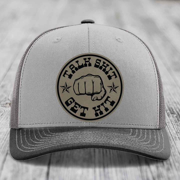Talk Shit, Get Hit - Leather Patch Hat - Light Brown to Black Patch - Richardson 112 Snapback Trucker Hat