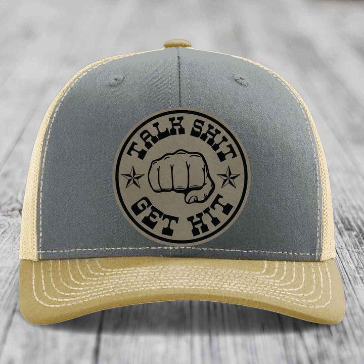 Talk Shit, Get Hit - Leather Patch Hat - Light Brown to Black Patch - Richardson 112 Snapback Trucker Hat
