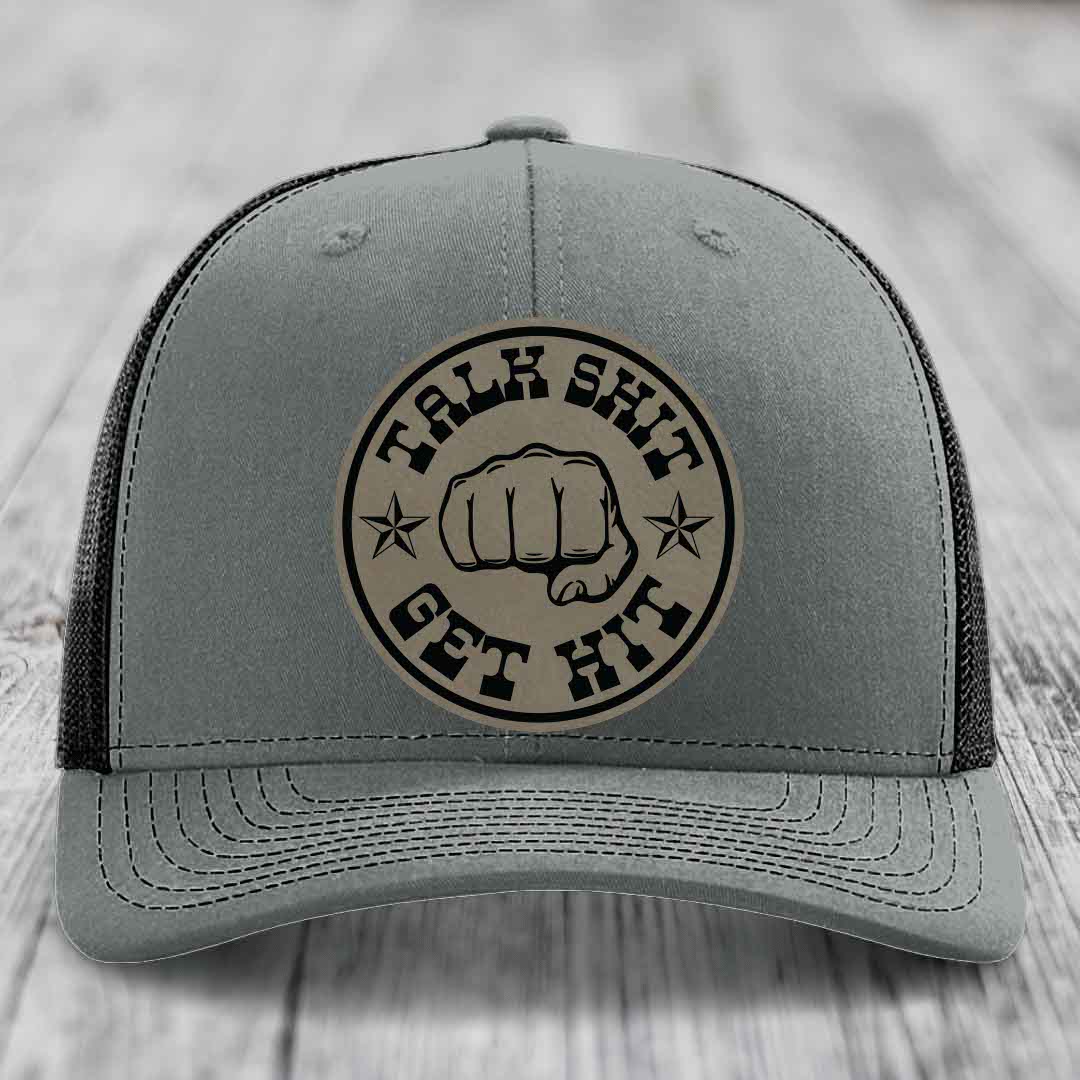 Talk Shit, Get Hit - Leather Patch Hat - Light Brown to Black Patch - Richardson 112 Snapback Trucker Hat
