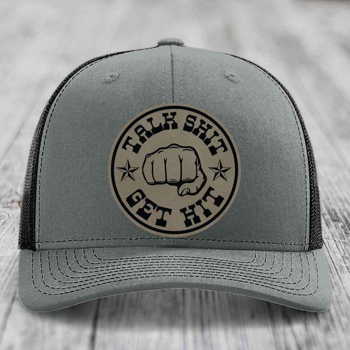 Talk Shit, Get Hit - Leather Patch Hat - Light Brown to Black Patch - Richardson 112 Snapback Trucker Hat