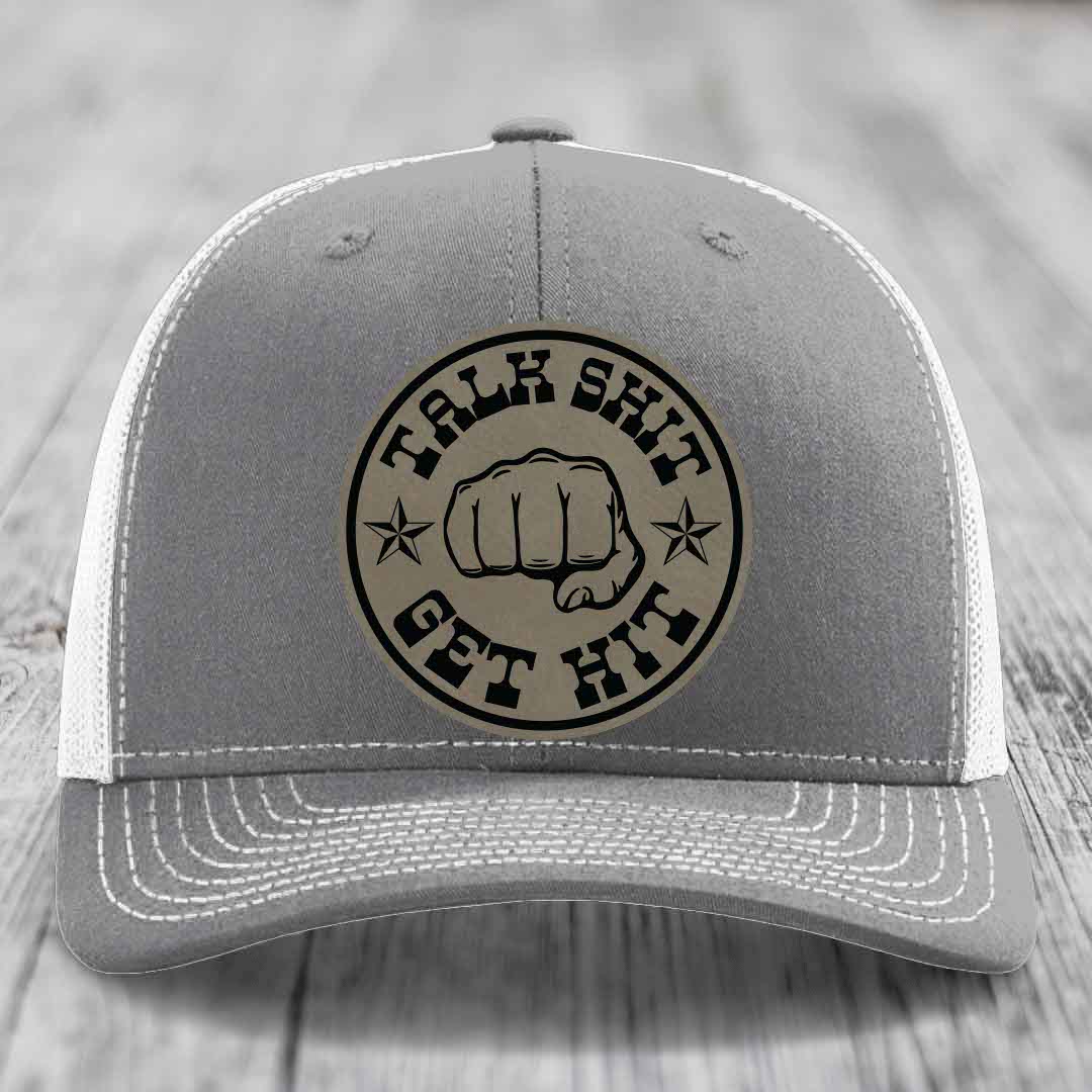 Talk Shit, Get Hit - Leather Patch Hat - Light Brown to Black Patch - Richardson 112 Snapback Trucker Hat
