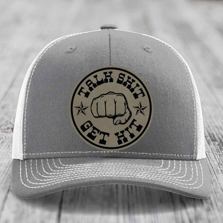 Talk Shit, Get Hit - Leather Patch Hat - Light Brown to Black Patch - Richardson 112 Snapback Trucker Hat