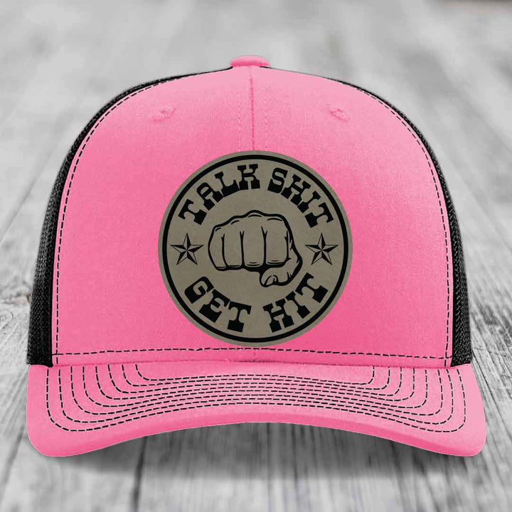 Talk Shit, Get Hit - Leather Patch Hat - Light Brown to Black Patch - Richardson 112 Snapback Trucker Hat