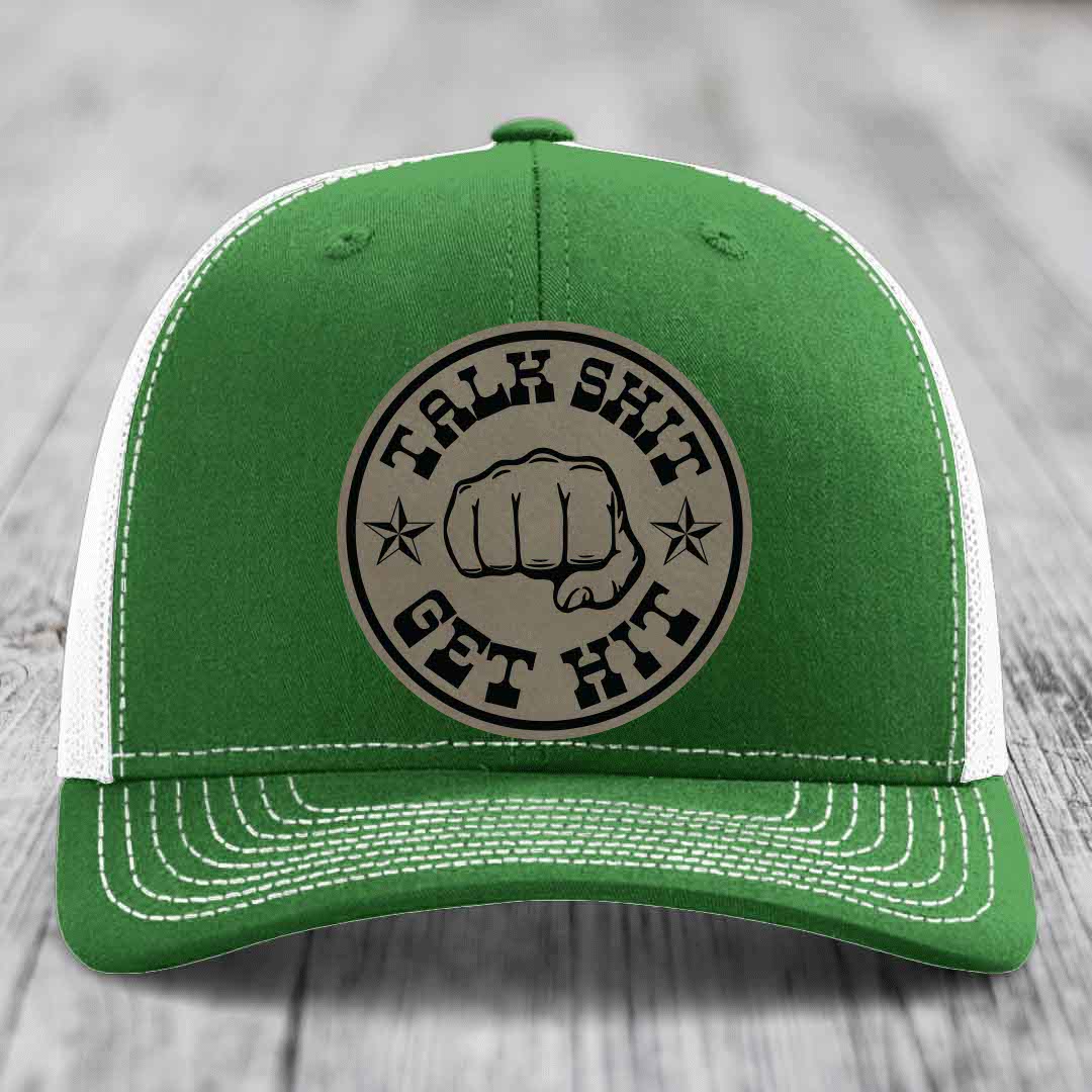 Talk Shit, Get Hit - Leather Patch Hat - Light Brown to Black Patch - Richardson 112 Snapback Trucker Hat