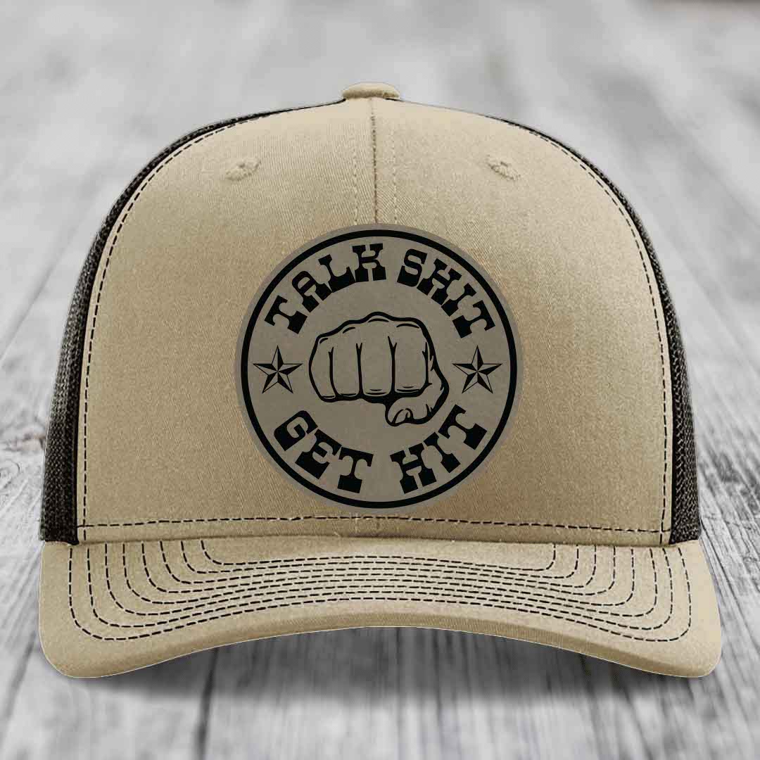 Talk Shit, Get Hit - Leather Patch Hat - Light Brown to Black Patch - Richardson 112 Snapback Trucker Hat