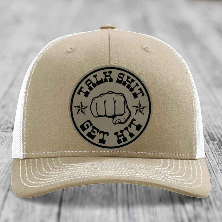 Talk Shit, Get Hit - Leather Patch Hat - Light Brown to Black Patch - Richardson 112 Snapback Trucker Hat