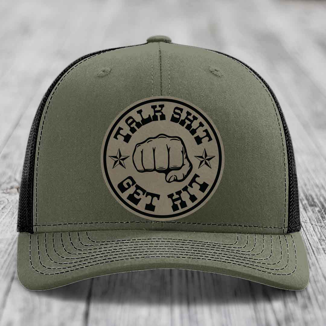 Talk Shit, Get Hit - Leather Patch Hat - Light Brown to Black Patch - Richardson 112 Snapback Trucker Hat