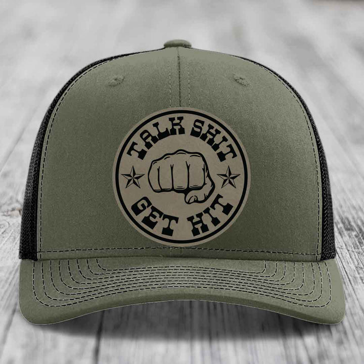 Talk Shit, Get Hit - Leather Patch Hat - Light Brown to Black Patch - Richardson 112 Snapback Trucker Hat