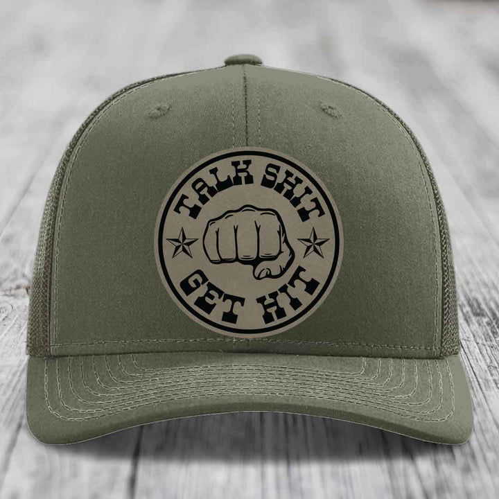 Talk Shit, Get Hit - Leather Patch Hat - Light Brown to Black Patch - Richardson 112 Snapback Trucker Hat