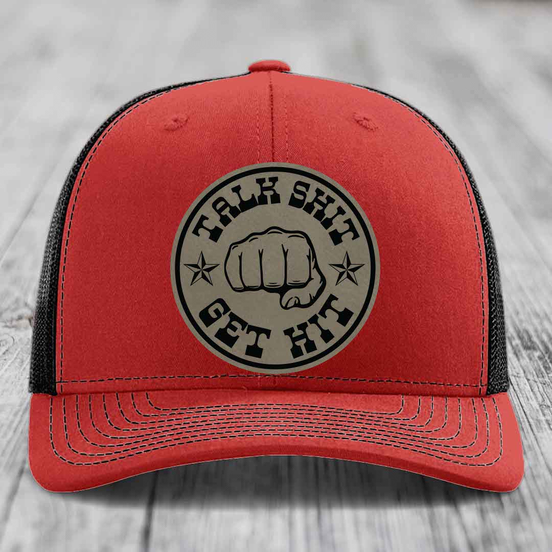 Talk Shit, Get Hit - Leather Patch Hat - Light Brown to Black Patch - Richardson 112 Snapback Trucker Hat