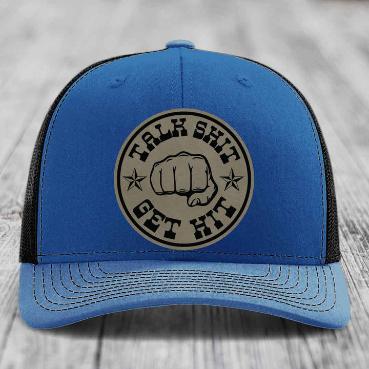 Talk Shit, Get Hit - Leather Patch Hat - Light Brown to Black Patch - Richardson 112 Snapback Trucker Hat