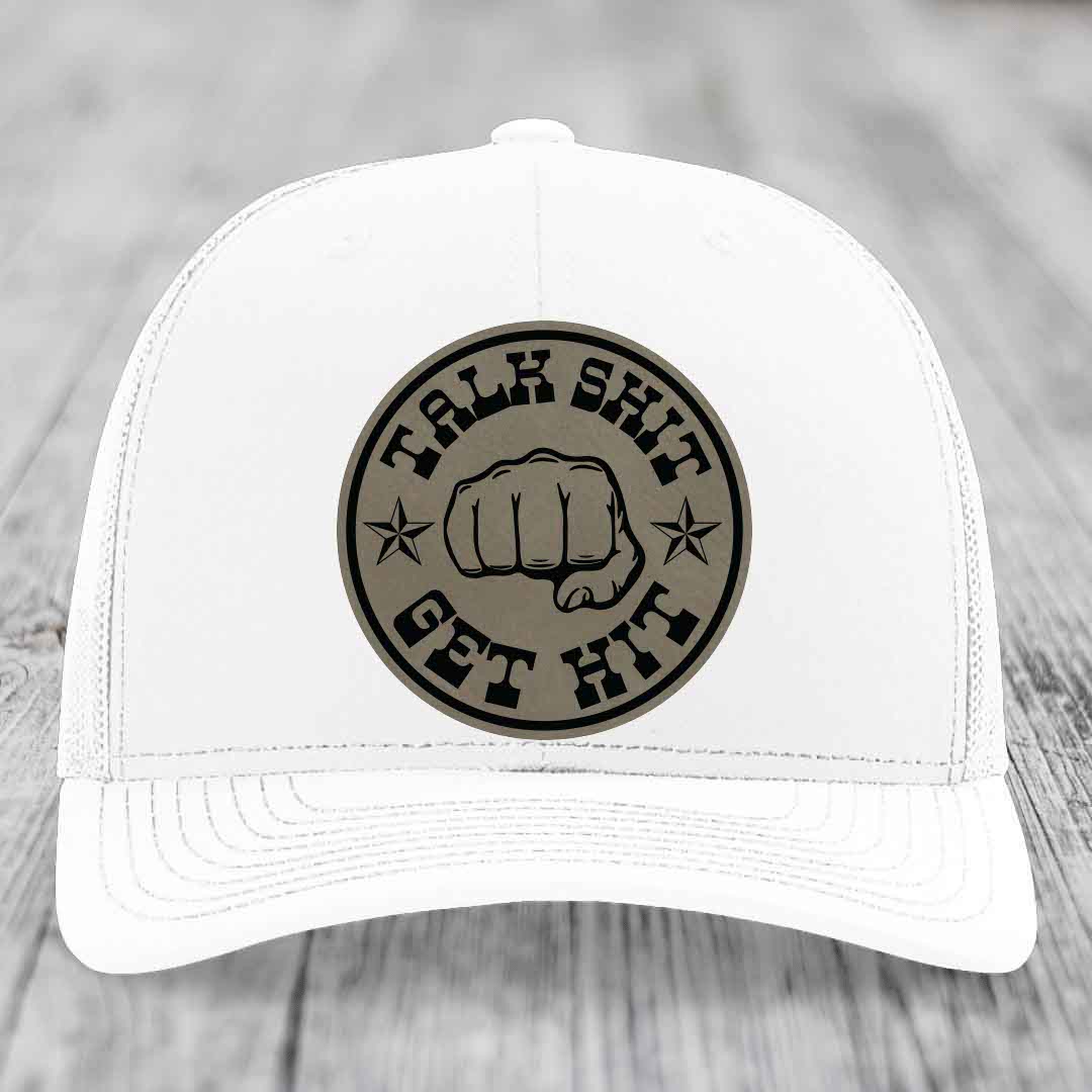Talk Shit, Get Hit - Leather Patch Hat - Light Brown to Black Patch - Richardson 112 Snapback Trucker Hat