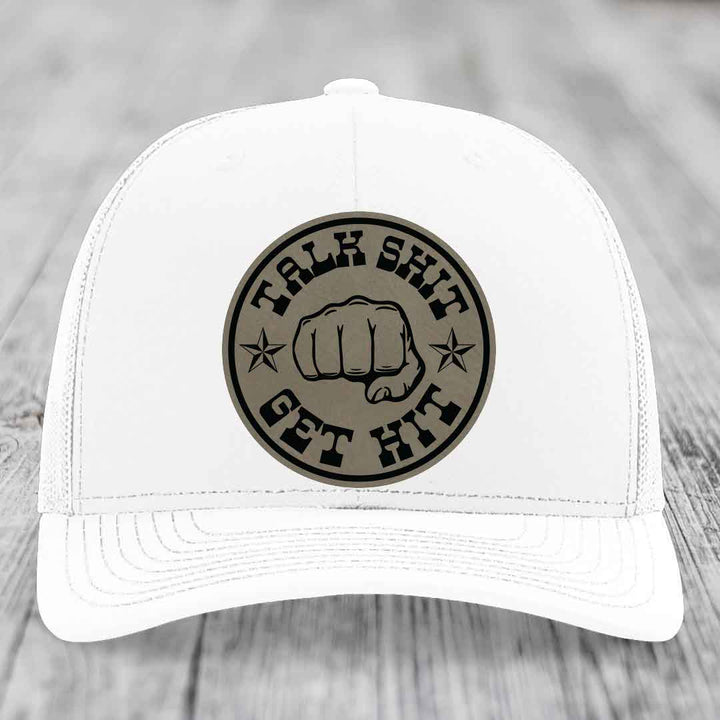 Talk Shit, Get Hit - Leather Patch Hat - Light Brown to Black Patch - Richardson 112 Snapback Trucker Hat