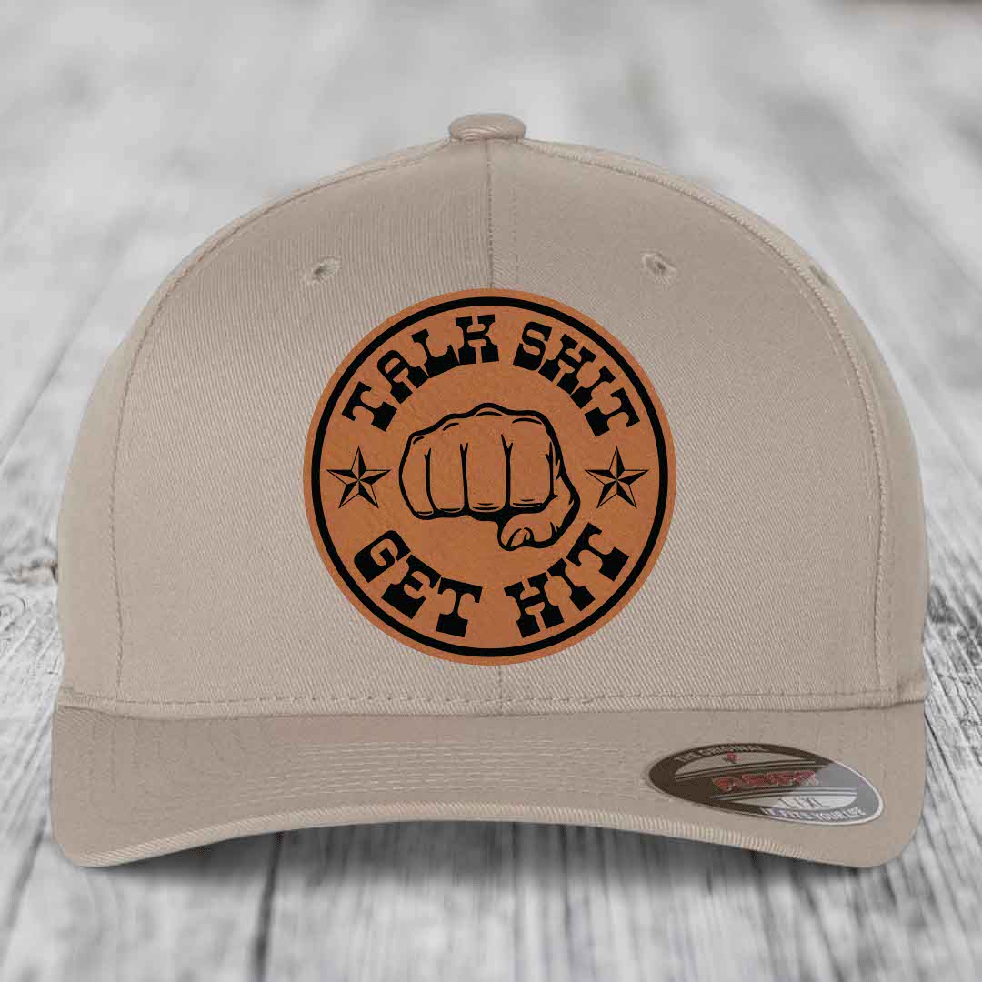 Talk Shit, Get Hit - Leather Patch Hat - Rawhide to Black Patch - Flexfit 6277 Fitted Hat