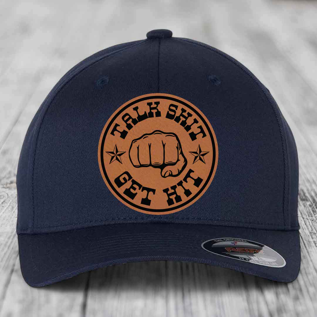 Talk Shit, Get Hit - Leather Patch Hat - Rawhide to Black Patch - Flexfit 6277 Fitted Hat