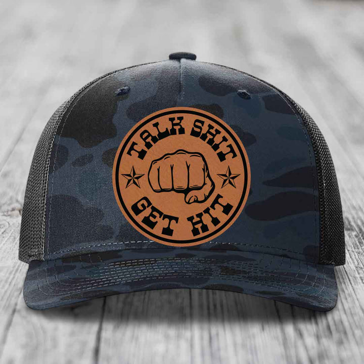 Talk Shit, Get Hit - Leather Patch Hat - Rawhide to Black Patch - Richardson 112PFP Snapback Trucker Hat
