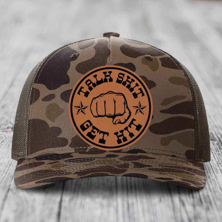 Talk Shit, Get Hit - Leather Patch Hat - Rawhide to Black Patch - Richardson 112PFP Snapback Trucker Hat