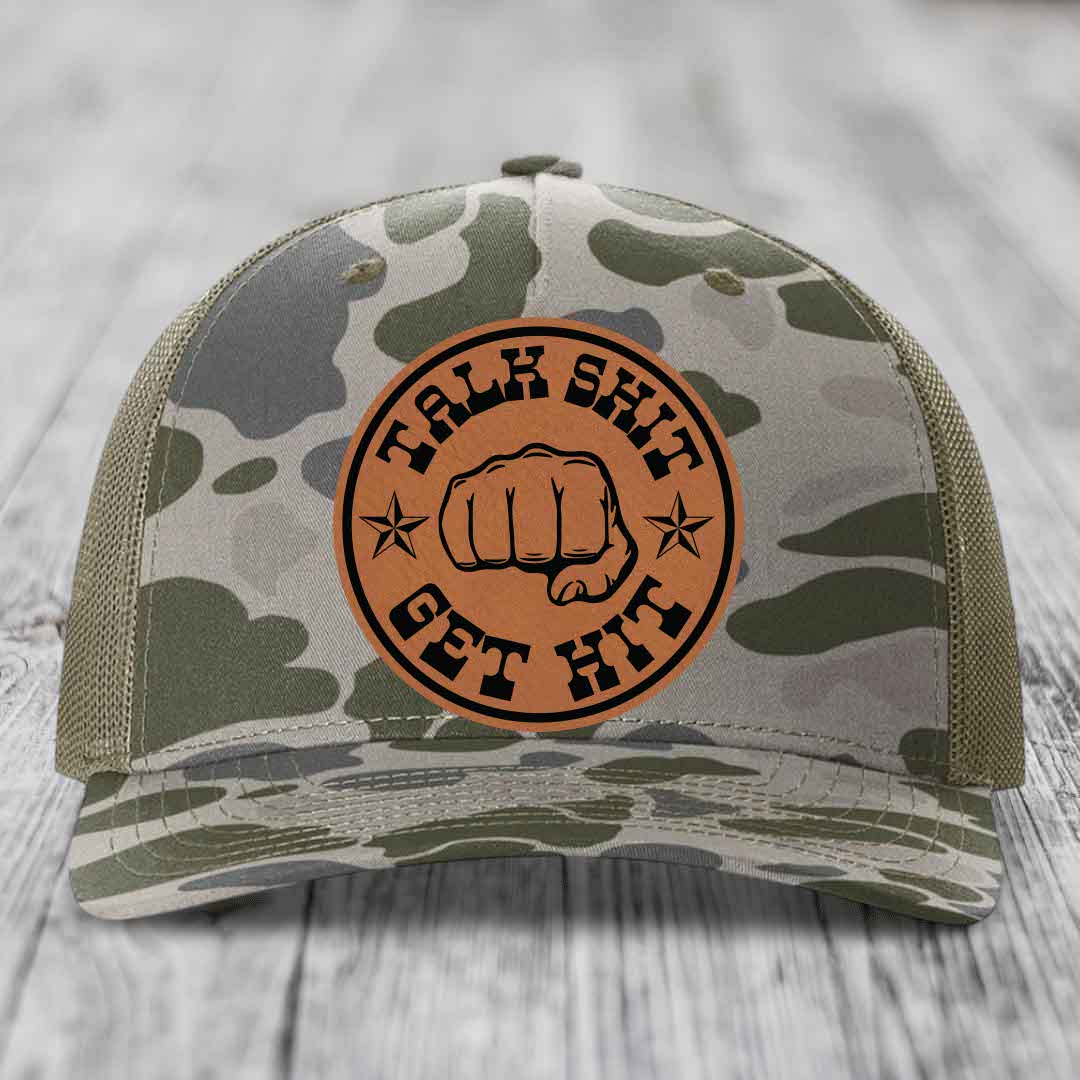 Talk Shit, Get Hit - Leather Patch Hat - Rawhide to Black Patch - Richardson 112PFP Snapback Trucker Hat