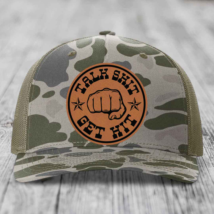 Talk Shit, Get Hit - Leather Patch Hat - Rawhide to Black Patch - Richardson 112PFP Snapback Trucker Hat