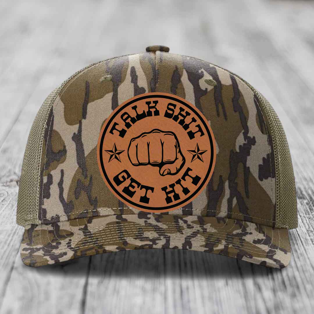 Talk Shit, Get Hit - Leather Patch Hat - Rawhide to Black Patch - Richardson 112PFP Snapback Trucker Hat