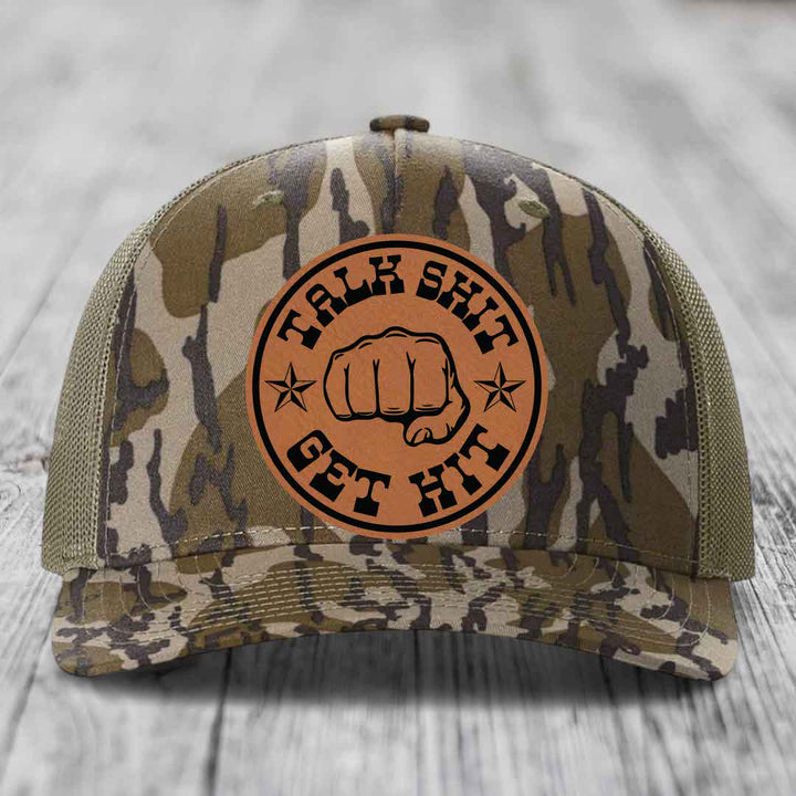 Talk Shit, Get Hit - Leather Patch Hat - Rawhide to Black Patch - Richardson 112PFP Snapback Trucker Hat
