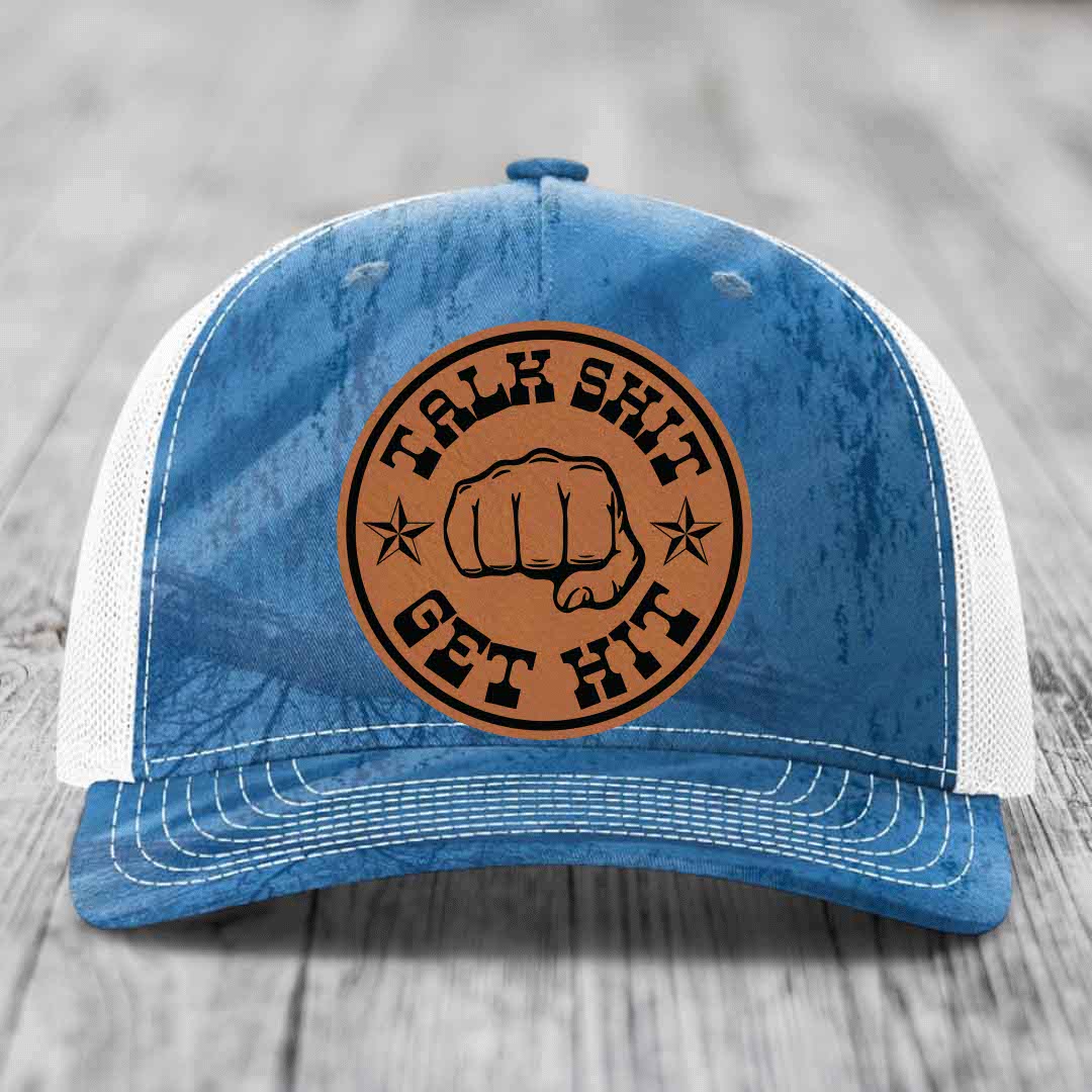 Talk Shit, Get Hit - Leather Patch Hat - Rawhide to Black Patch - Richardson 112PFP Snapback Trucker Hat