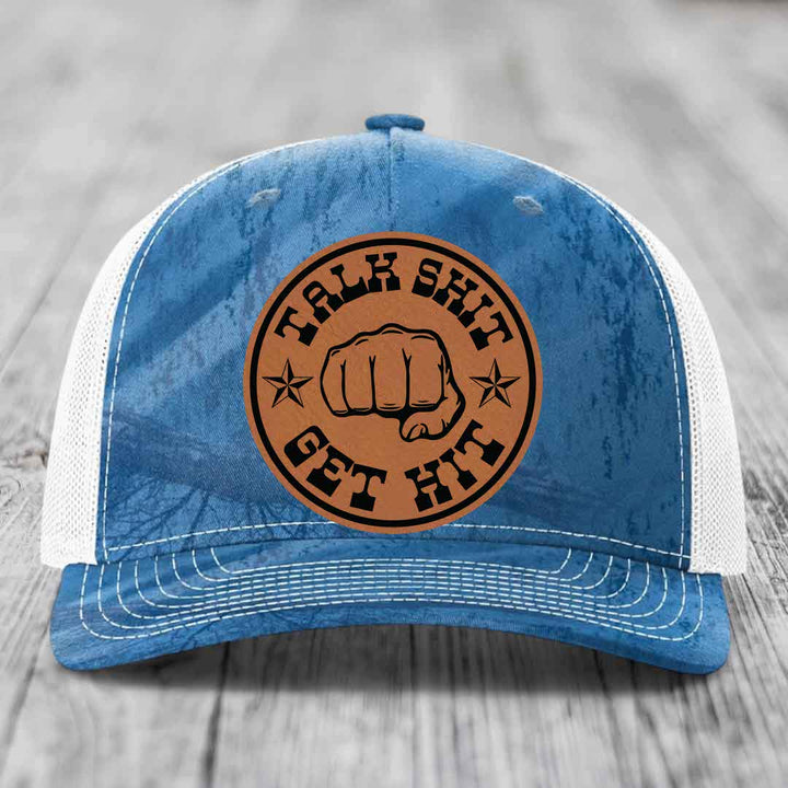 Talk Shit, Get Hit - Leather Patch Hat - Rawhide to Black Patch - Richardson 112PFP Snapback Trucker Hat