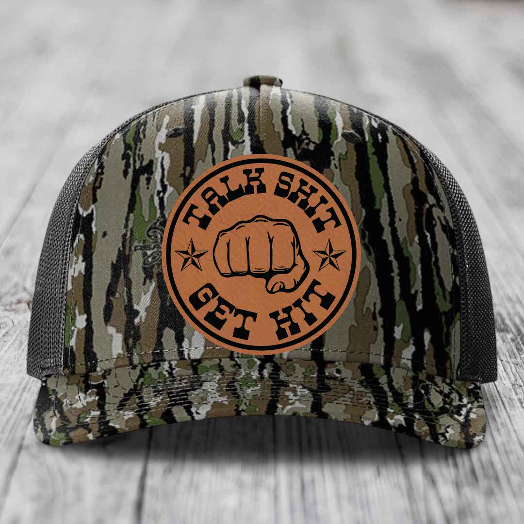 Talk Shit, Get Hit - Leather Patch Hat - Rawhide to Black Patch - Richardson 112PFP Snapback Trucker Hat