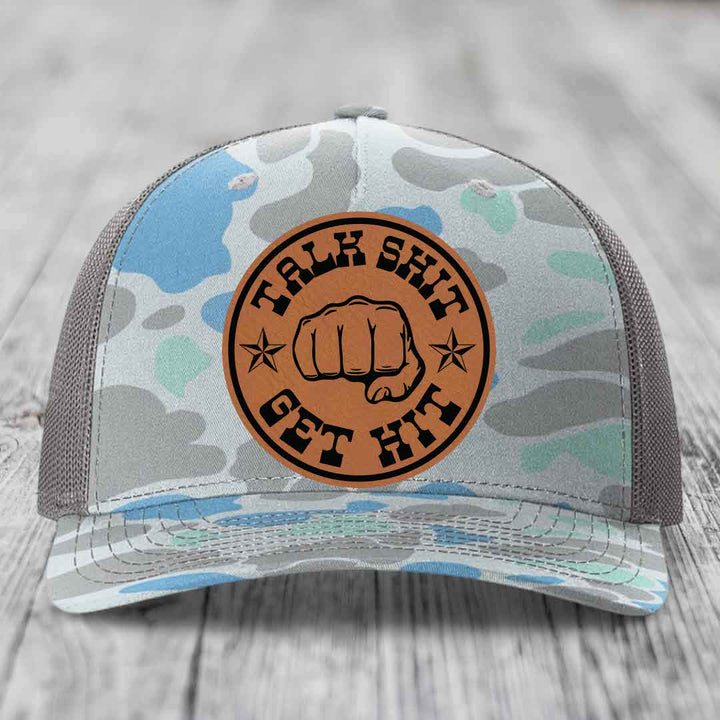 Talk Shit, Get Hit - Leather Patch Hat - Rawhide to Black Patch - Richardson 112PFP Snapback Trucker Hat