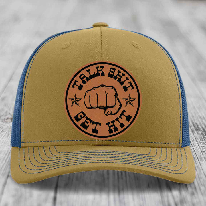 Talk Shit, Get Hit - Leather Patch Hat - Rawhide to Black Patch - Richardson 112 Snapback Trucker Hat