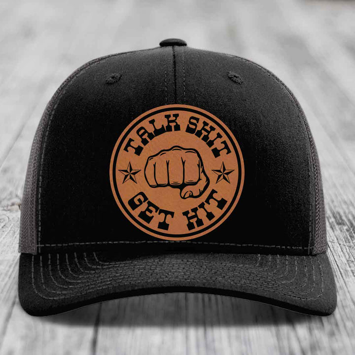 Talk Shit, Get Hit - Leather Patch Hat - Rawhide to Black Patch - Richardson 112 Snapback Trucker Hat