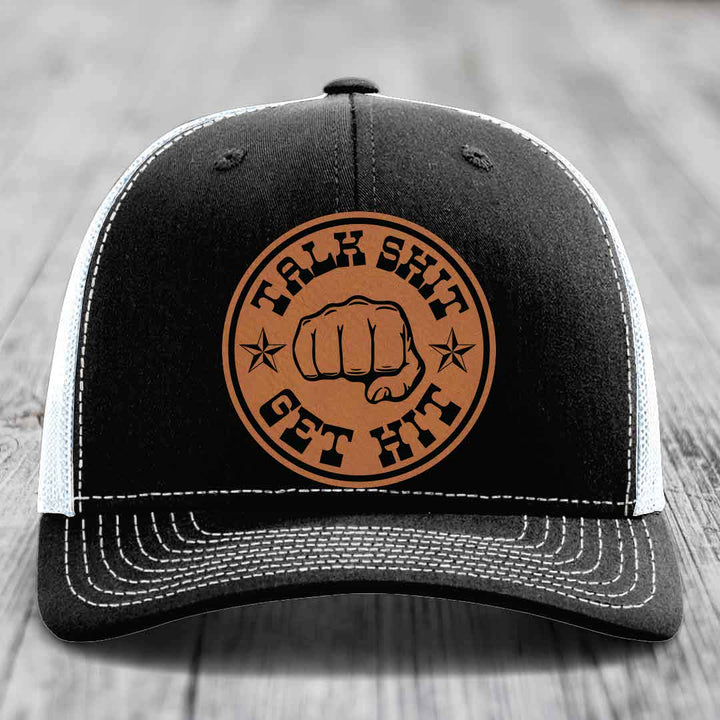 Talk Shit, Get Hit - Leather Patch Hat - Rawhide to Black Patch - Richardson 112 Snapback Trucker Hat