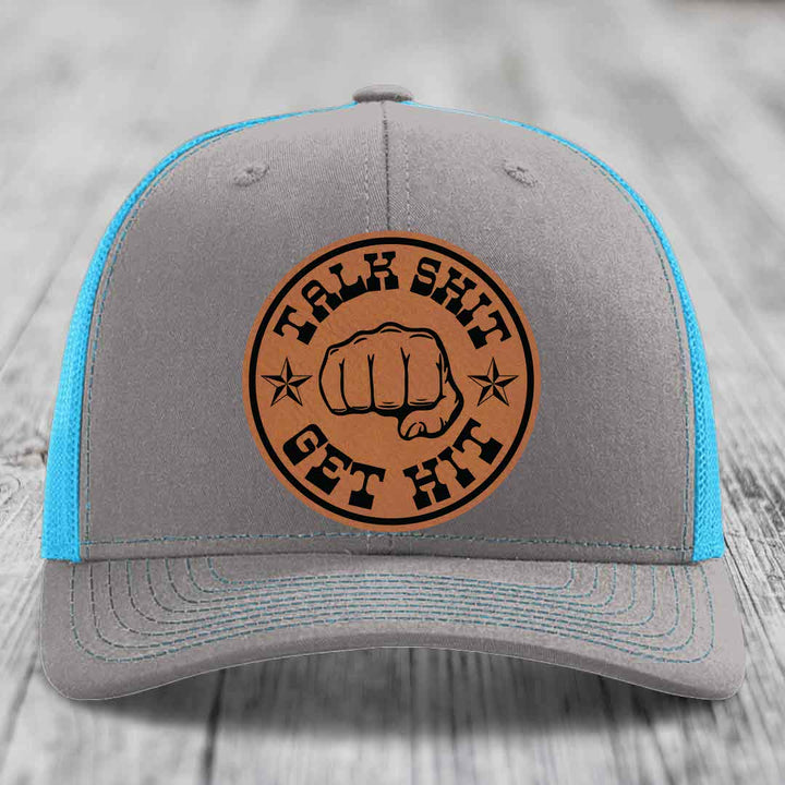 Talk Shit, Get Hit - Leather Patch Hat - Rawhide to Black Patch - Richardson 112 Snapback Trucker Hat