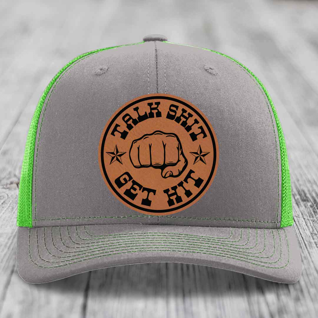 Talk Shit, Get Hit - Leather Patch Hat - Rawhide to Black Patch - Richardson 112 Snapback Trucker Hat