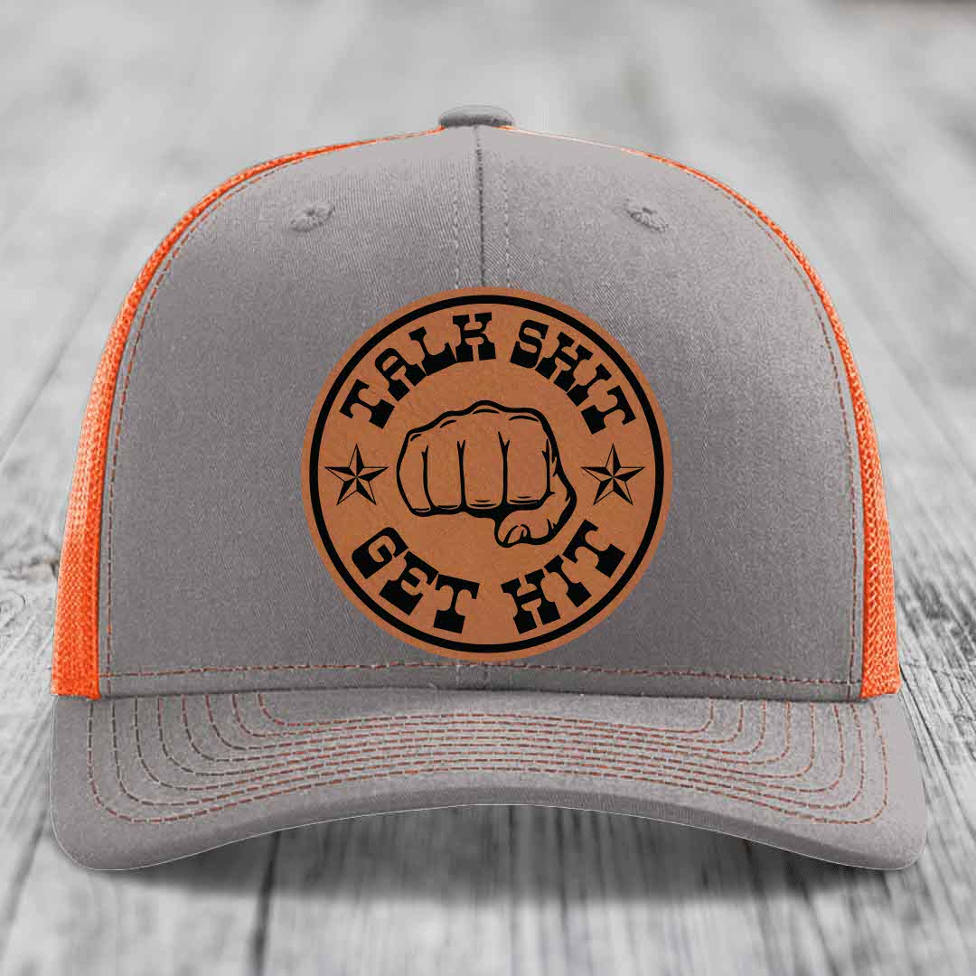 Talk Shit, Get Hit - Leather Patch Hat - Rawhide to Black Patch - Richardson 112 Snapback Trucker Hat