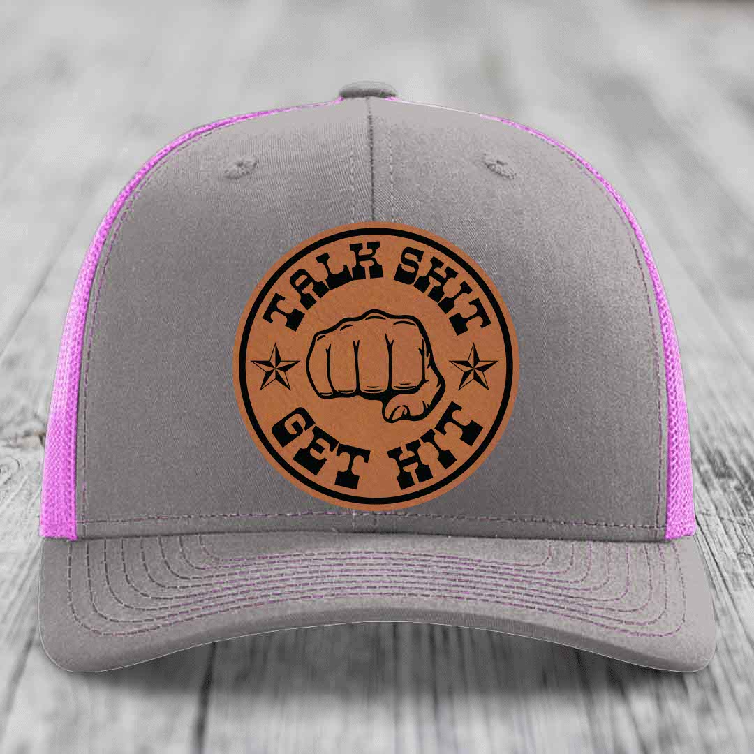 Talk Shit, Get Hit - Leather Patch Hat - Rawhide to Black Patch - Richardson 112 Snapback Trucker Hat