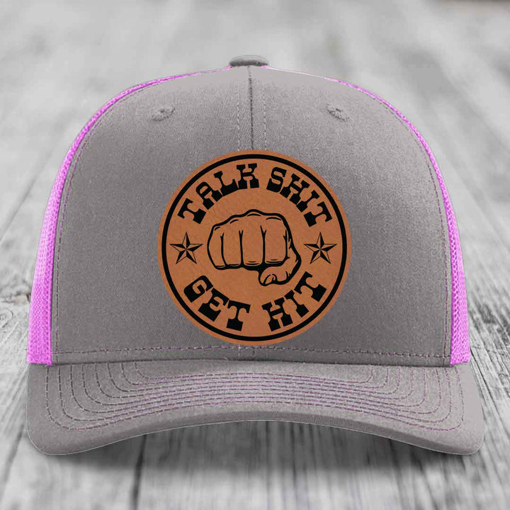 Talk Shit, Get Hit - Leather Patch Hat - Rawhide to Black Patch - Richardson 112 Snapback Trucker Hat