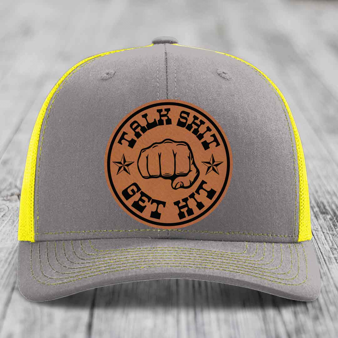 Talk Shit, Get Hit - Leather Patch Hat - Rawhide to Black Patch - Richardson 112 Snapback Trucker Hat
