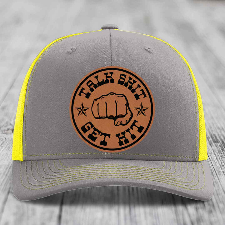 Talk Shit, Get Hit - Leather Patch Hat - Rawhide to Black Patch - Richardson 112 Snapback Trucker Hat