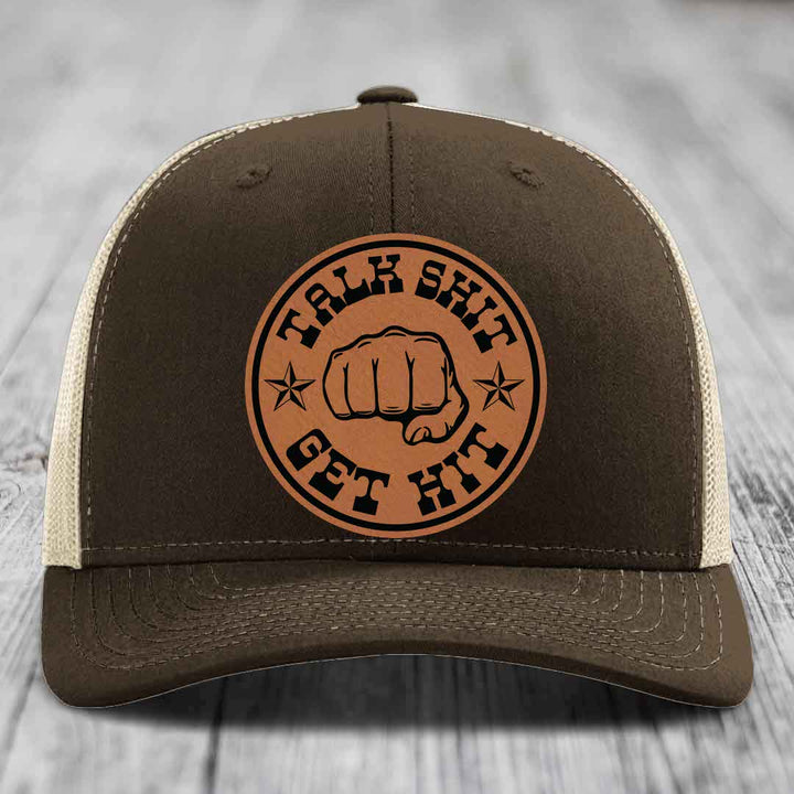 Talk Shit, Get Hit - Leather Patch Hat - Rawhide to Black Patch - Richardson 112 Snapback Trucker Hat